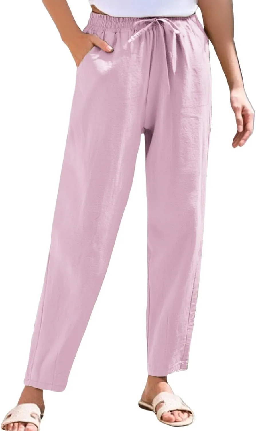 Cotton Linen Pants Women Palazzo Straight Lounge Drawstring Beach Linen Clothes for Women 2025