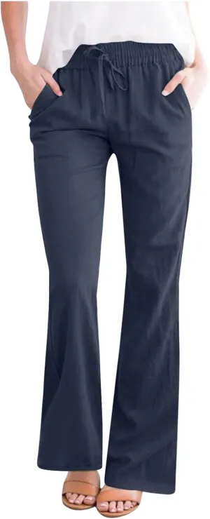 Cotton Linen Pants Women Summer Drawstring High Waisted Linen Palazzo Pants Wide Leg Lounge Pant Casual Beach Trousers