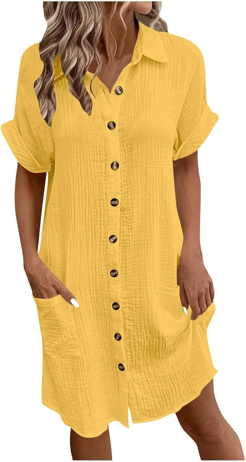 Cotton Midi Shirt Dress for Women Trendy Button Short Sleeve Dresses Solid Lapel Casual Dress Summer Travel Clothes