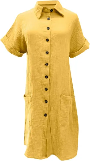 Cotton Midi Shirt Dress for Women Trendy Button Short Sleeve Dresses Solid Lapel Casual Dress Summer Travel Clothes