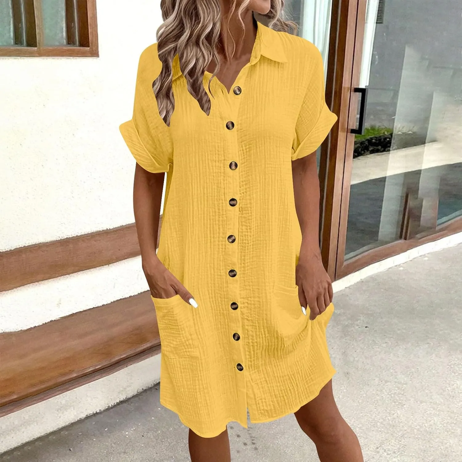 Cotton Midi Shirt Dress for Women Trendy Button Short Sleeve Dresses Solid Lapel Casual Dress Summer Travel Clothes