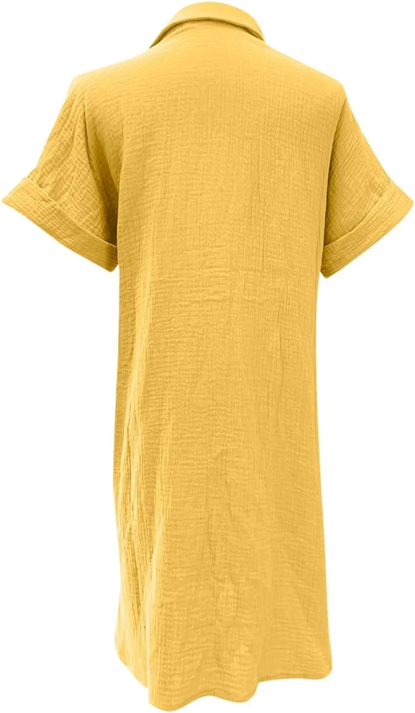 Cotton Midi Shirt Dress for Women Trendy Button Short Sleeve Dresses Solid Lapel Casual Dress Summer Travel Clothes