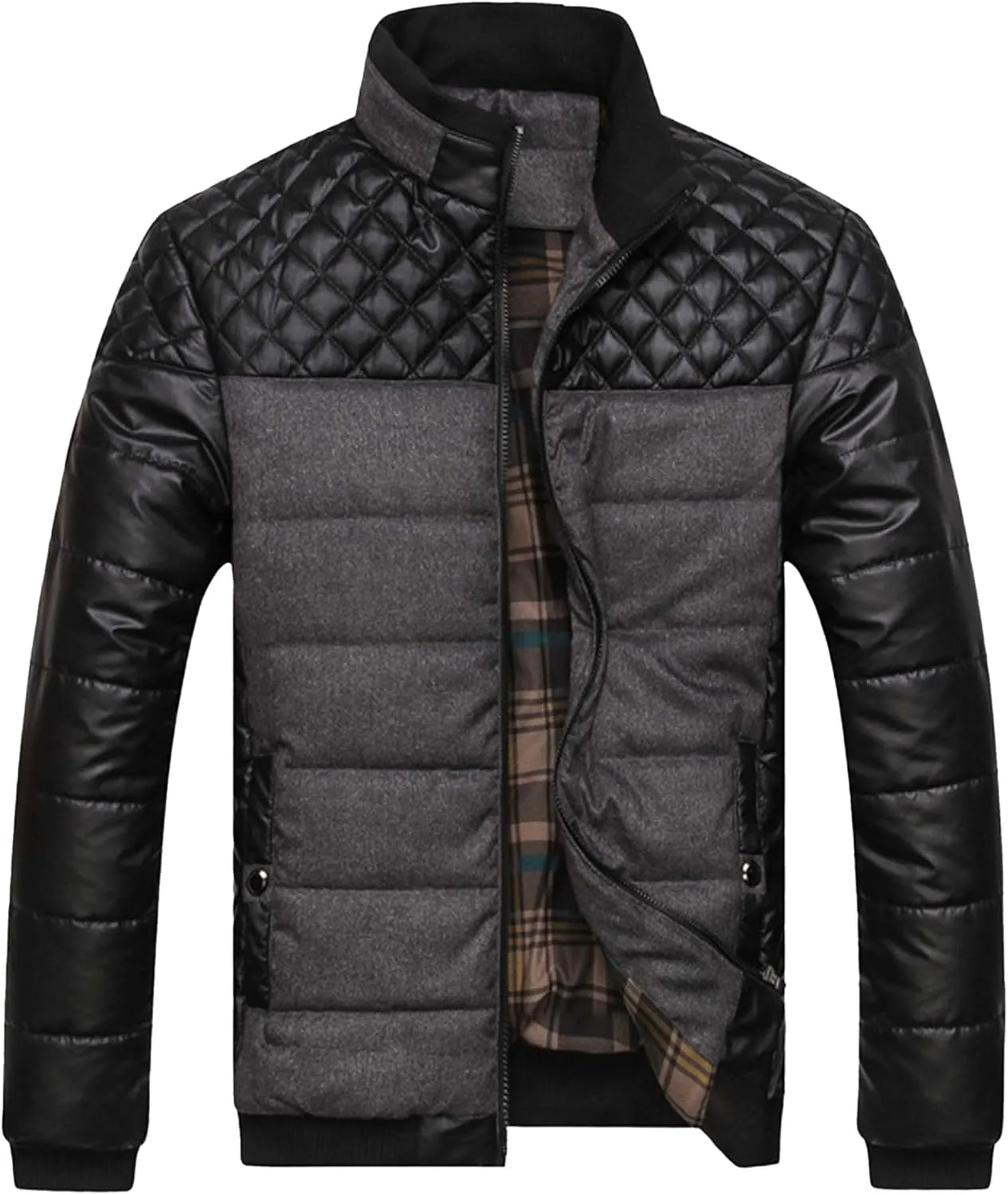 DGHM-JLMY Men's Shoulder Chest Rhombic Quilted Coat Thicken Stand Collar Warm Zipper Coat splicing Cotton-Padded Jacket