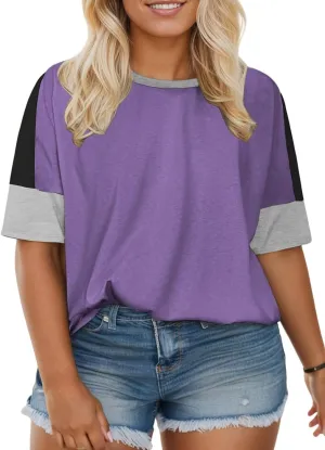 DOLNINE Plus-Size-Tops for Women Summer Color Block Shirts Casual Crewneck Tees Trendy Going Out Side Split Tunics XL-5XL