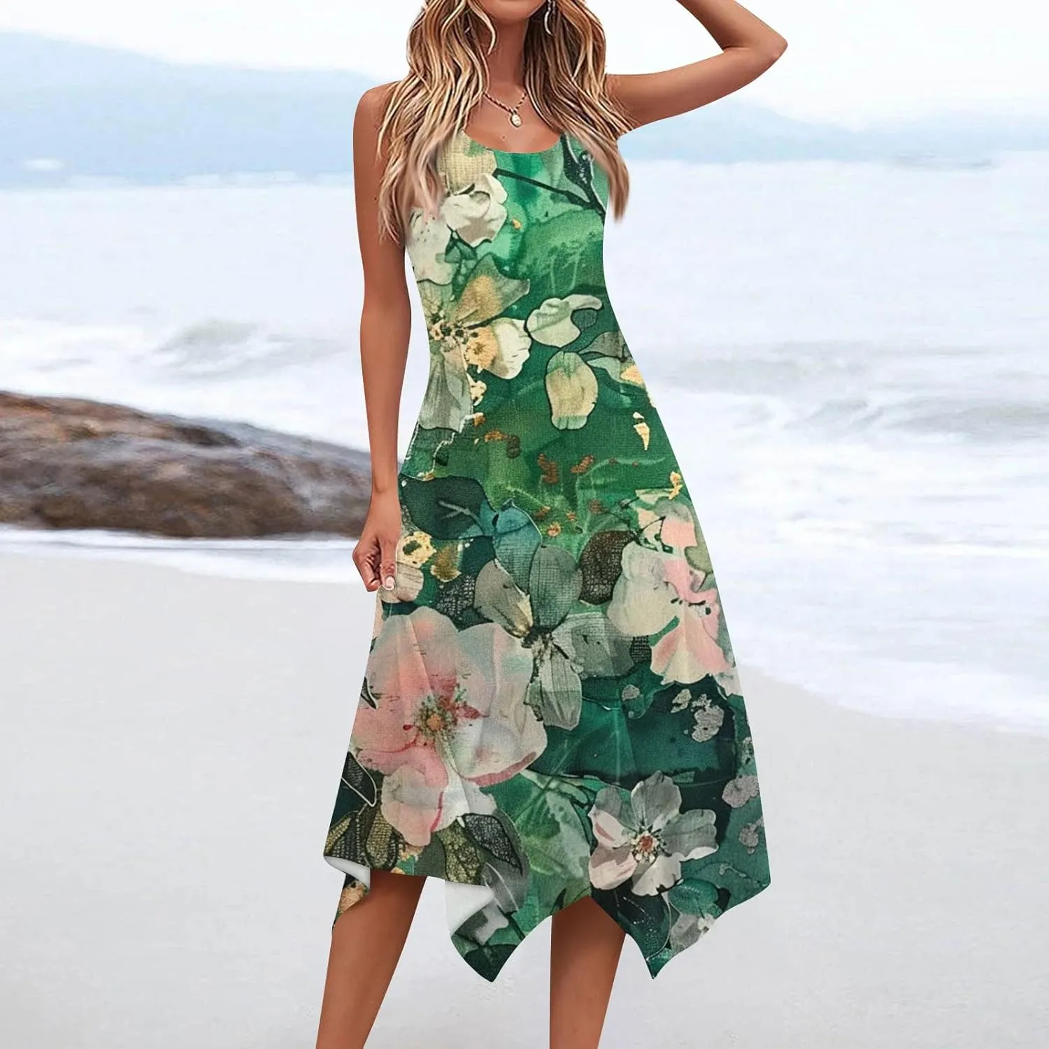 DOPOCQ Midi Dresses for Women 2024 Summer Hawaiian Trendy Print Boho Beach Dresses Casual Plus Size Sleeveless Tank Sundress