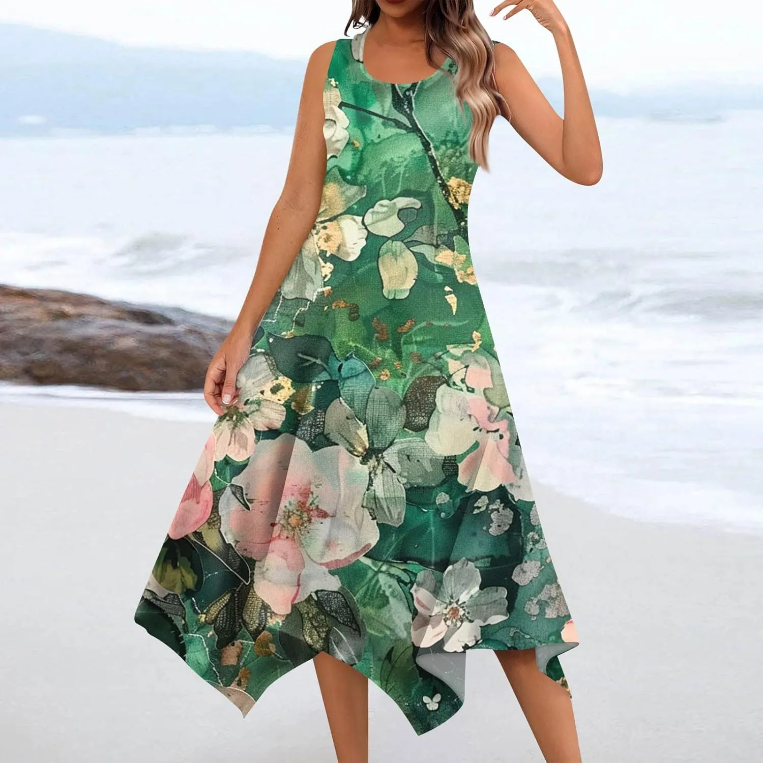 DOPOCQ Midi Dresses for Women 2024 Summer Hawaiian Trendy Print Boho Beach Dresses Casual Plus Size Sleeveless Tank Sundress