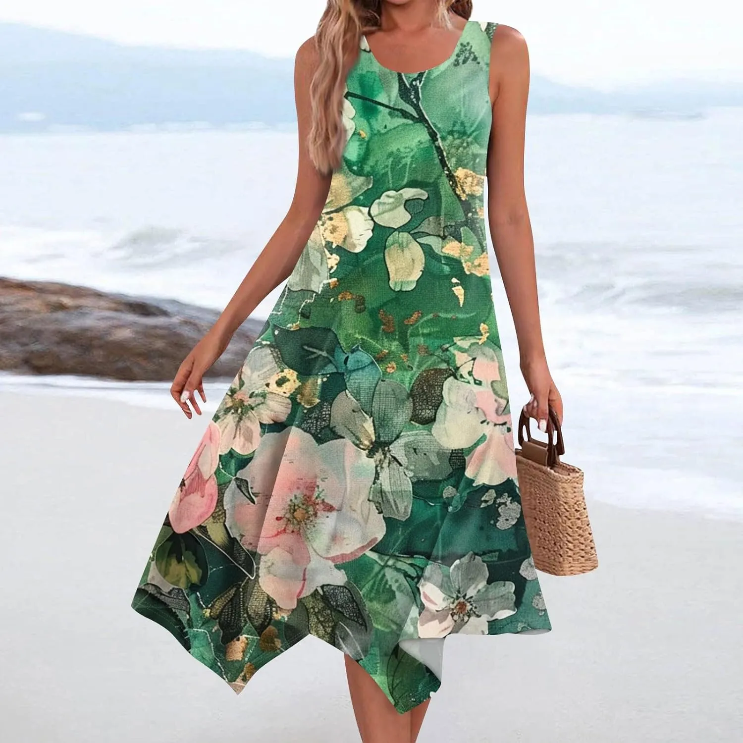 DOPOCQ Midi Dresses for Women 2024 Summer Hawaiian Trendy Print Boho Beach Dresses Casual Plus Size Sleeveless Tank Sundress