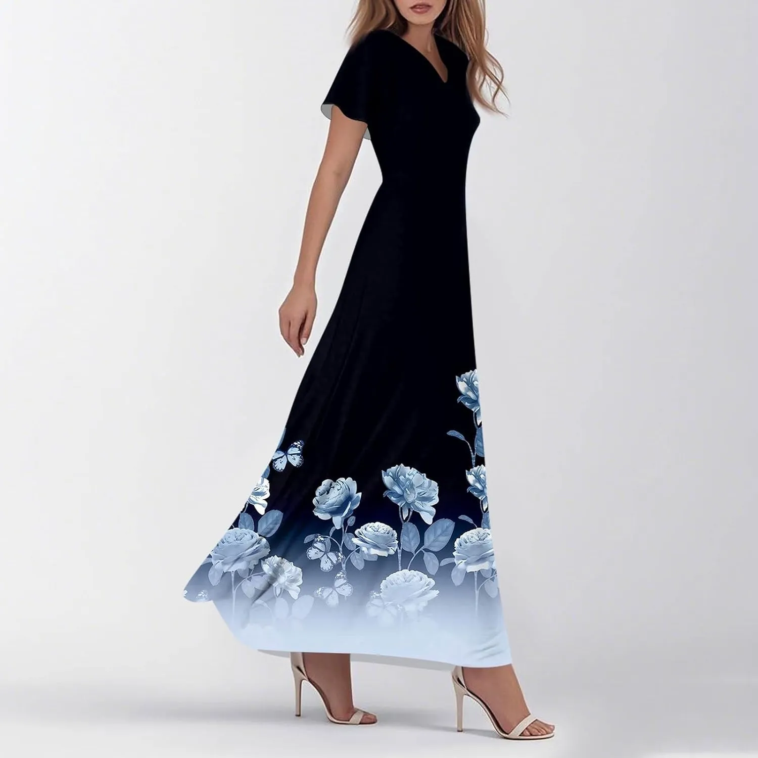 DOPOCQ Womens Summer Long Dress Casual Puff Short Sleeve V Neck Plus Size Flowy Ankle Length Maxi Dress Fashion Dresses