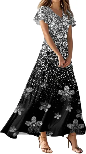 DOPOCQ Womens Summer Long Dress Casual Puff Short Sleeve V Neck Plus Size Flowy Ankle Length Maxi Dress Fashion Dresses