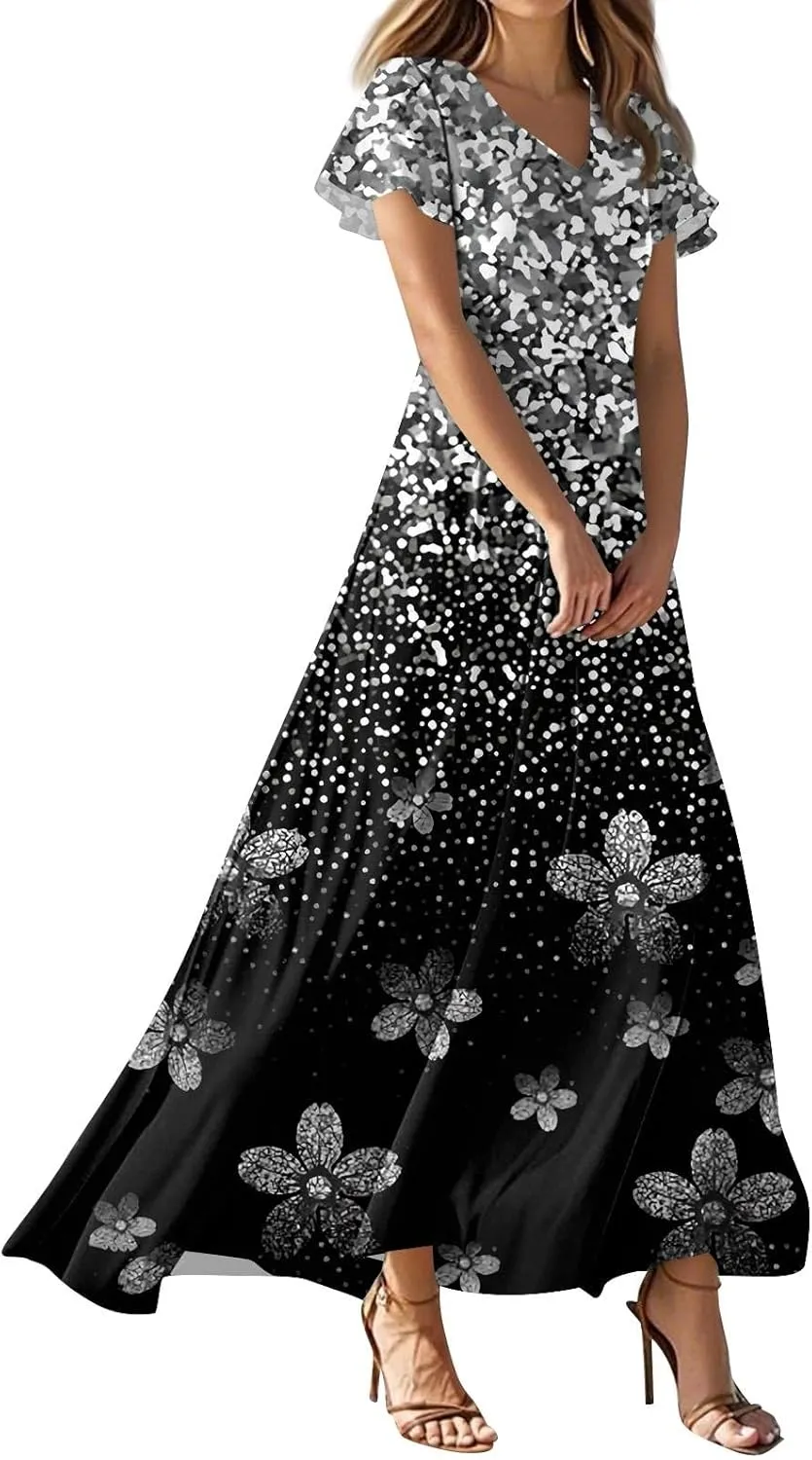 DOPOCQ Womens Summer Long Dress Casual Puff Short Sleeve V Neck Plus Size Flowy Ankle Length Maxi Dress Fashion Dresses