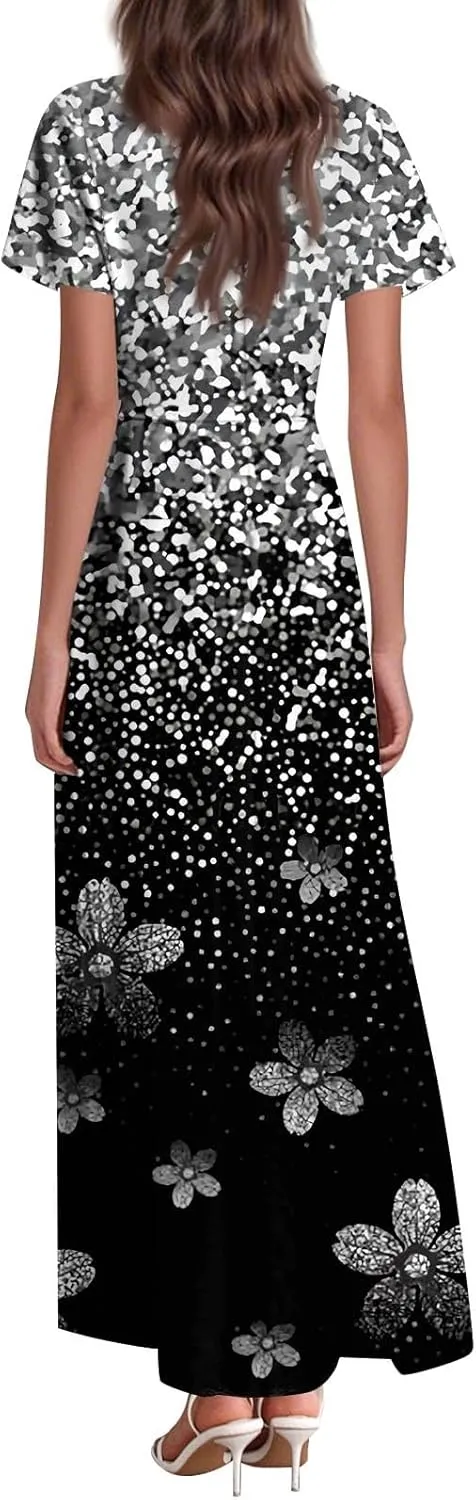 DOPOCQ Womens Summer Long Dress Casual Puff Short Sleeve V Neck Plus Size Flowy Ankle Length Maxi Dress Fashion Dresses