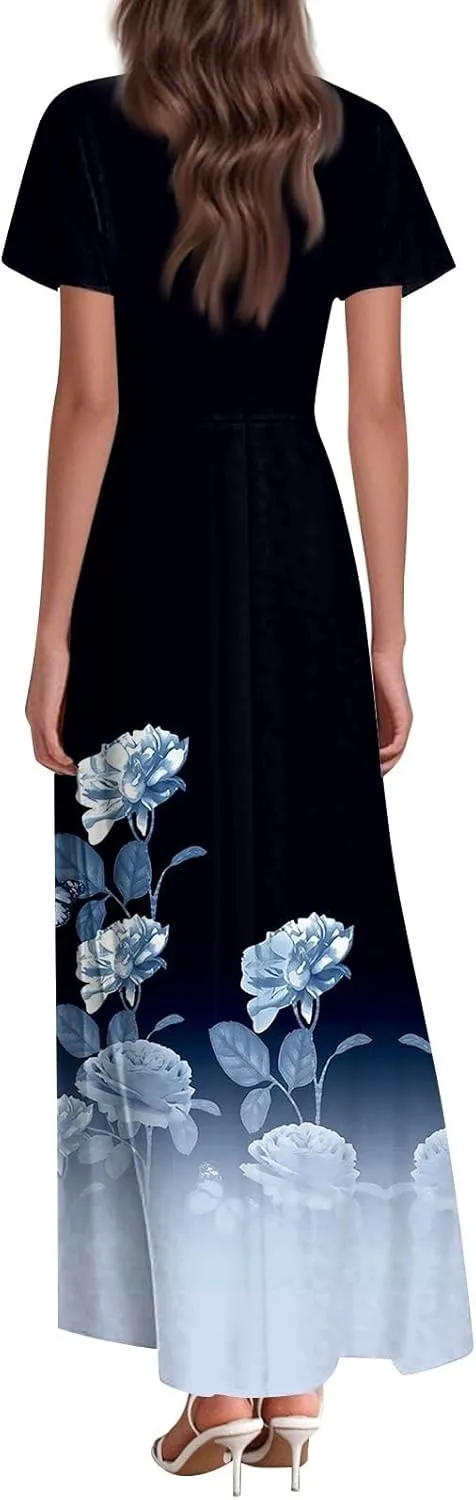 DOPOCQ Womens Summer Long Dress Casual Puff Short Sleeve V Neck Plus Size Flowy Ankle Length Maxi Dress Fashion Dresses