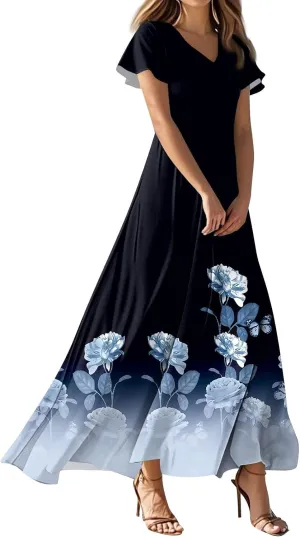 DOPOCQ Womens Summer Long Dress Casual Puff Short Sleeve V Neck Plus Size Flowy Ankle Length Maxi Dress Fashion Dresses