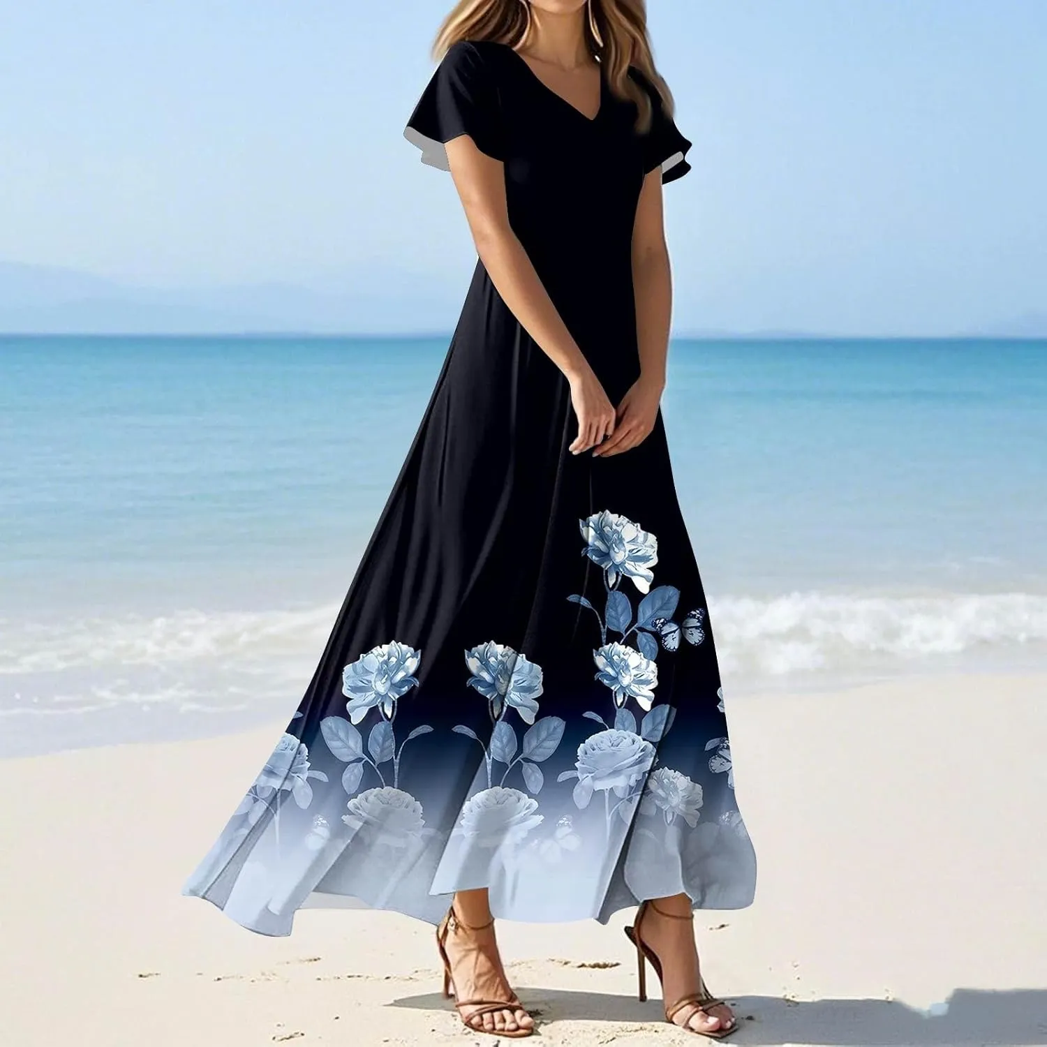 DOPOCQ Womens Summer Long Dress Casual Puff Short Sleeve V Neck Plus Size Flowy Ankle Length Maxi Dress Fashion Dresses