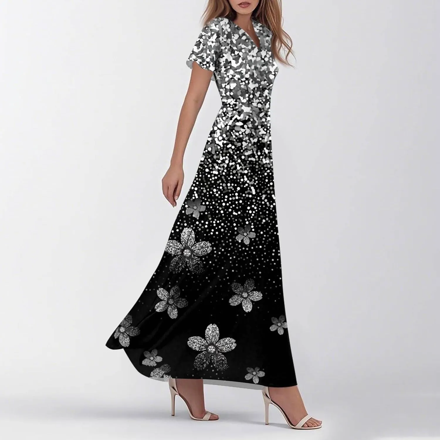 DOPOCQ Womens Summer Long Dress Casual Puff Short Sleeve V Neck Plus Size Flowy Ankle Length Maxi Dress Fashion Dresses