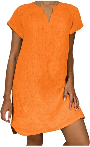 Dresses for Women 2024 Casual Cotton Linen Cap Sleeve V Neck Midi Dress Summer Fashion Solid Party Beach Sundress