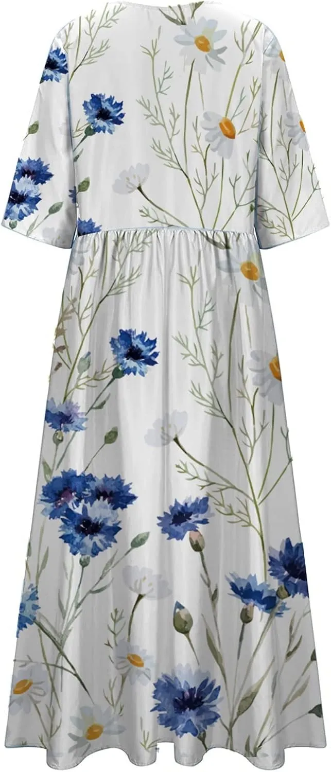 Dresses for Women 2025 Casual Summer Trendy Floral Dress Maxi Classy Sundresses Vacation Short Sleeve Sundress A Line