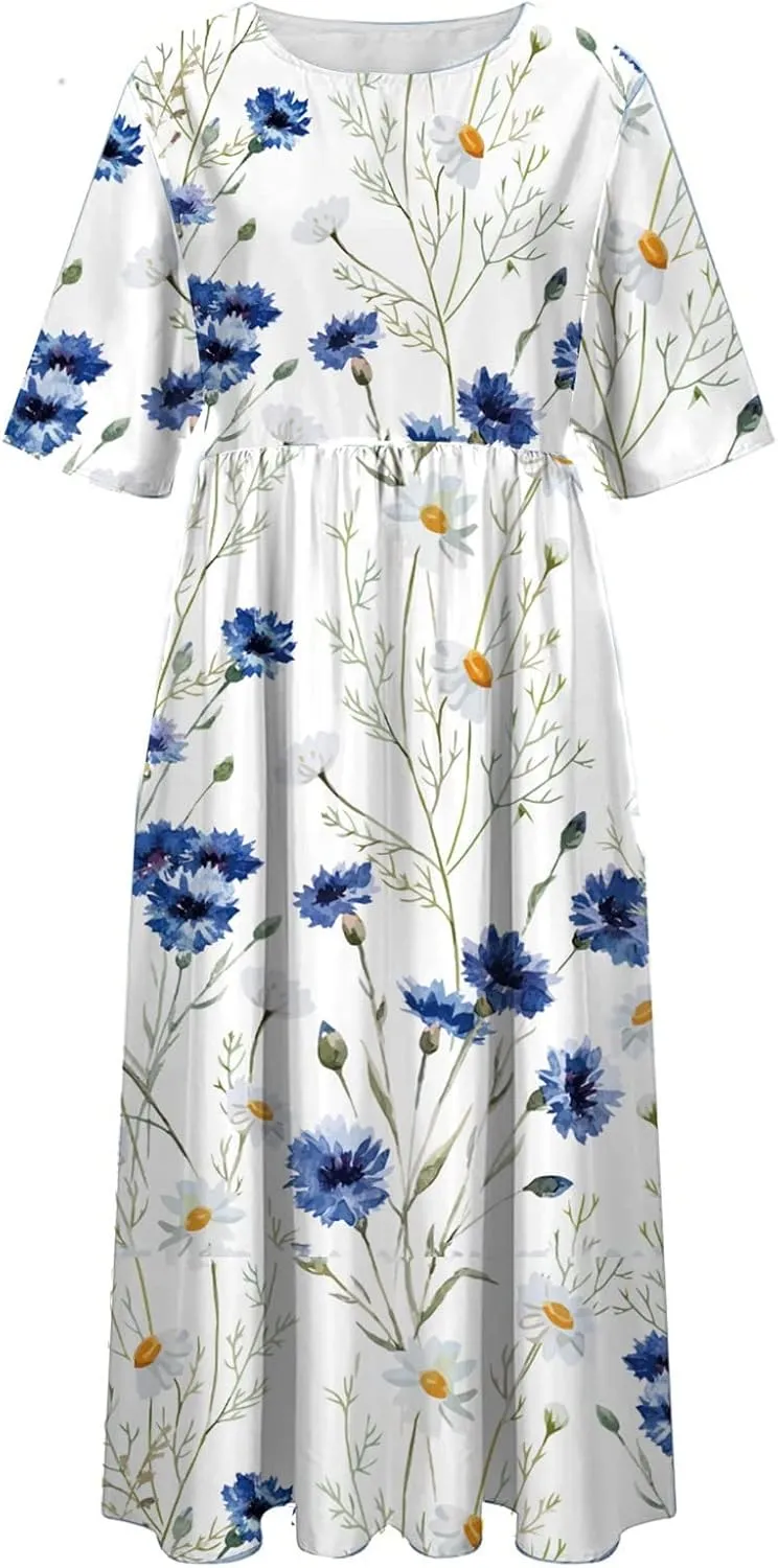 Dresses for Women 2025 Casual Summer Trendy Floral Dress Maxi Classy Sundresses Vacation Short Sleeve Sundress A Line