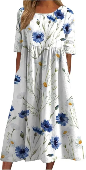Dresses for Women 2025 Casual Summer Trendy Floral Dress Maxi Classy Sundresses Vacation Short Sleeve Sundress A Line