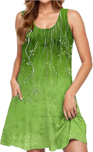 Dresses for Women 2025 Summer Casual Midi Dress U Neck Sleeveless Sundresses Floral Print Beach Dress with Pockets