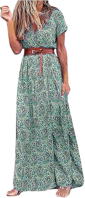 Dresses for Women 2025 Summer Wrap Maxi Dress Casual Boho Floral V Neck Short Sleeve Split Beach Long Dresses