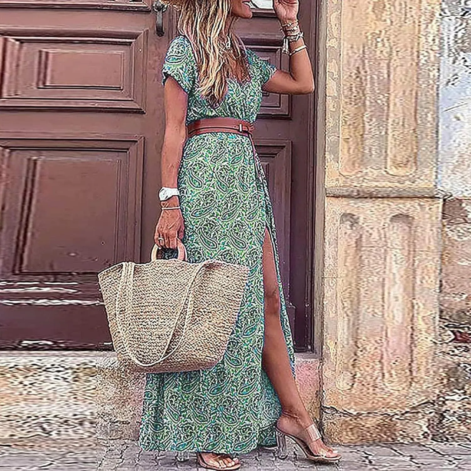 Dresses for Women 2025 Summer Wrap Maxi Dress Casual Boho Floral V Neck Short Sleeve Split Beach Long Dresses