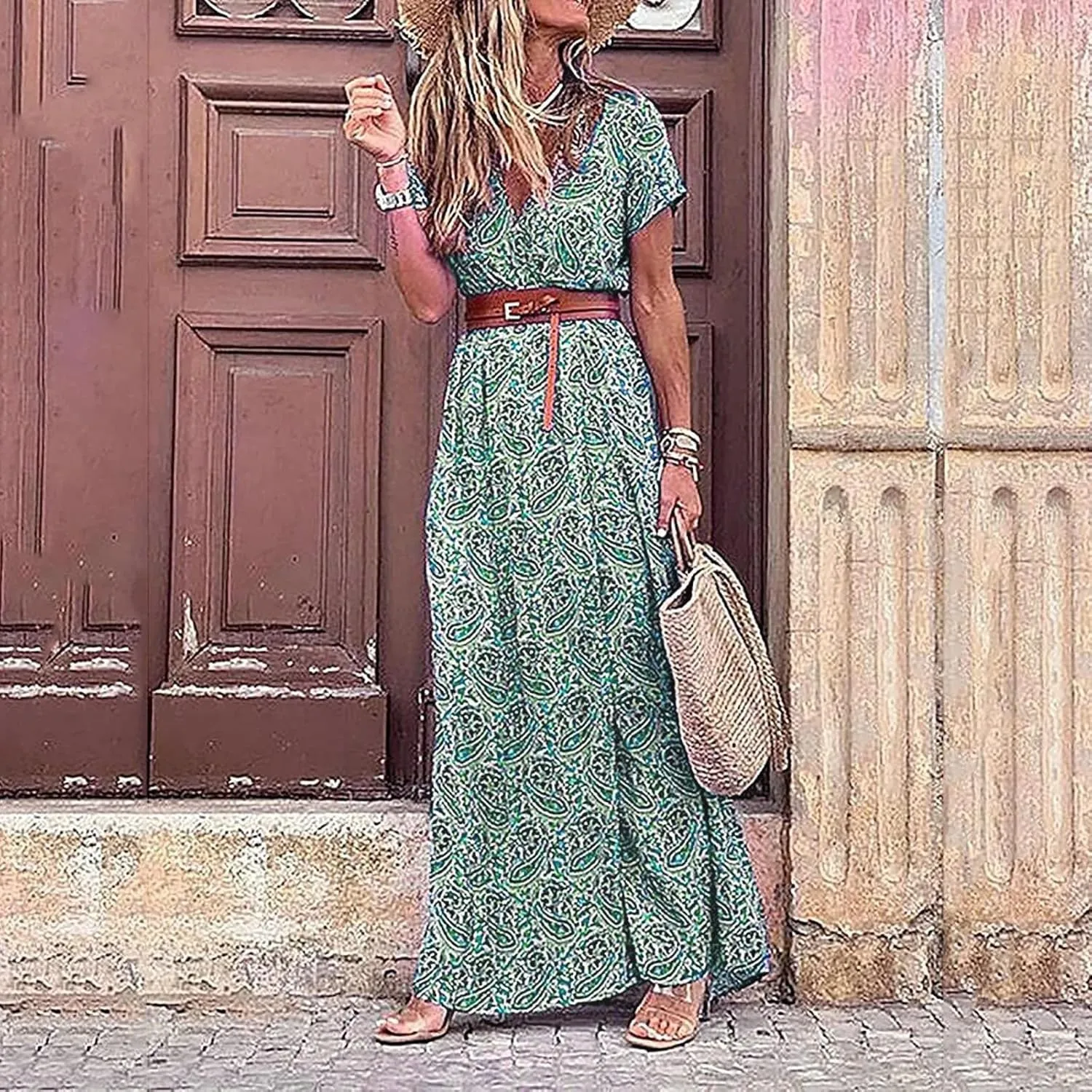 Dresses for Women 2025 Summer Wrap Maxi Dress Casual Boho Floral V Neck Short Sleeve Split Beach Long Dresses