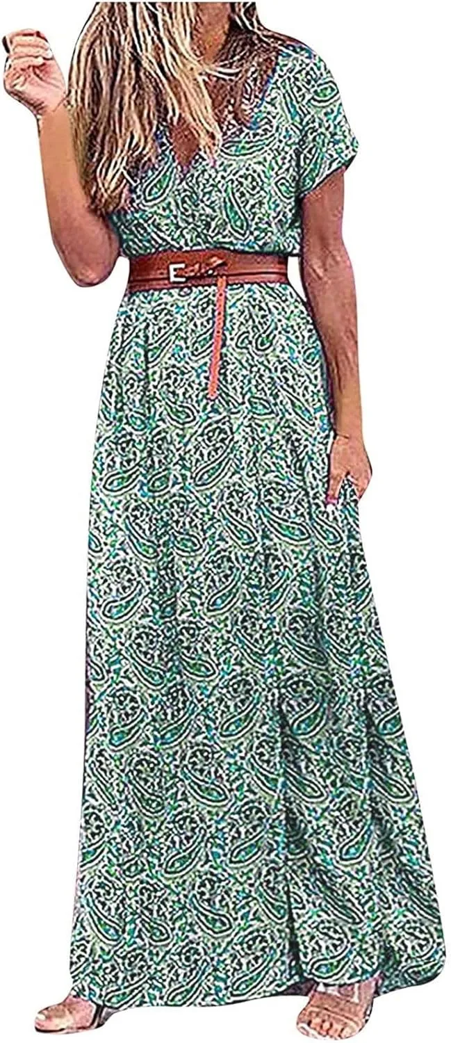 Dresses for Women 2025 Summer Wrap Maxi Dress Casual Boho Floral V Neck Short Sleeve Split Beach Long Dresses