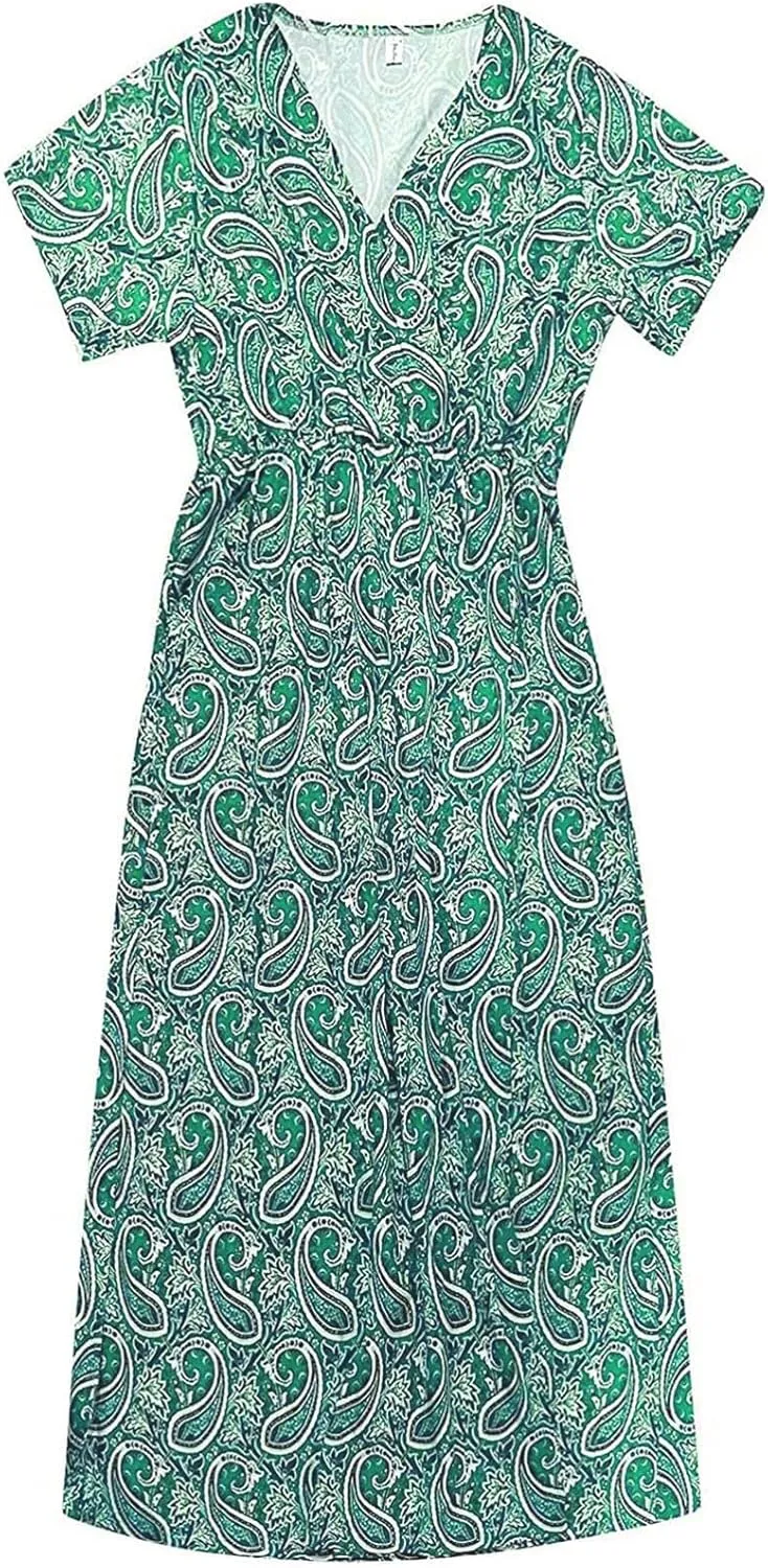 Dresses for Women 2025 Summer Wrap Maxi Dress Casual Boho Floral V Neck Short Sleeve Split Beach Long Dresses