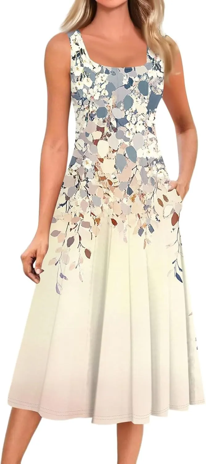 Dresses for Women Midi A Line Dress Sleeveless Casual Flowy Beach Long Sundress with Pockets 2025 Vacation Travel
