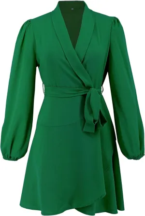 Dresses for Women Solid Color Round Neck Shrunken Pleat Satin Waist Long Lantern Sleeve Elastic Waist Fashion Dress