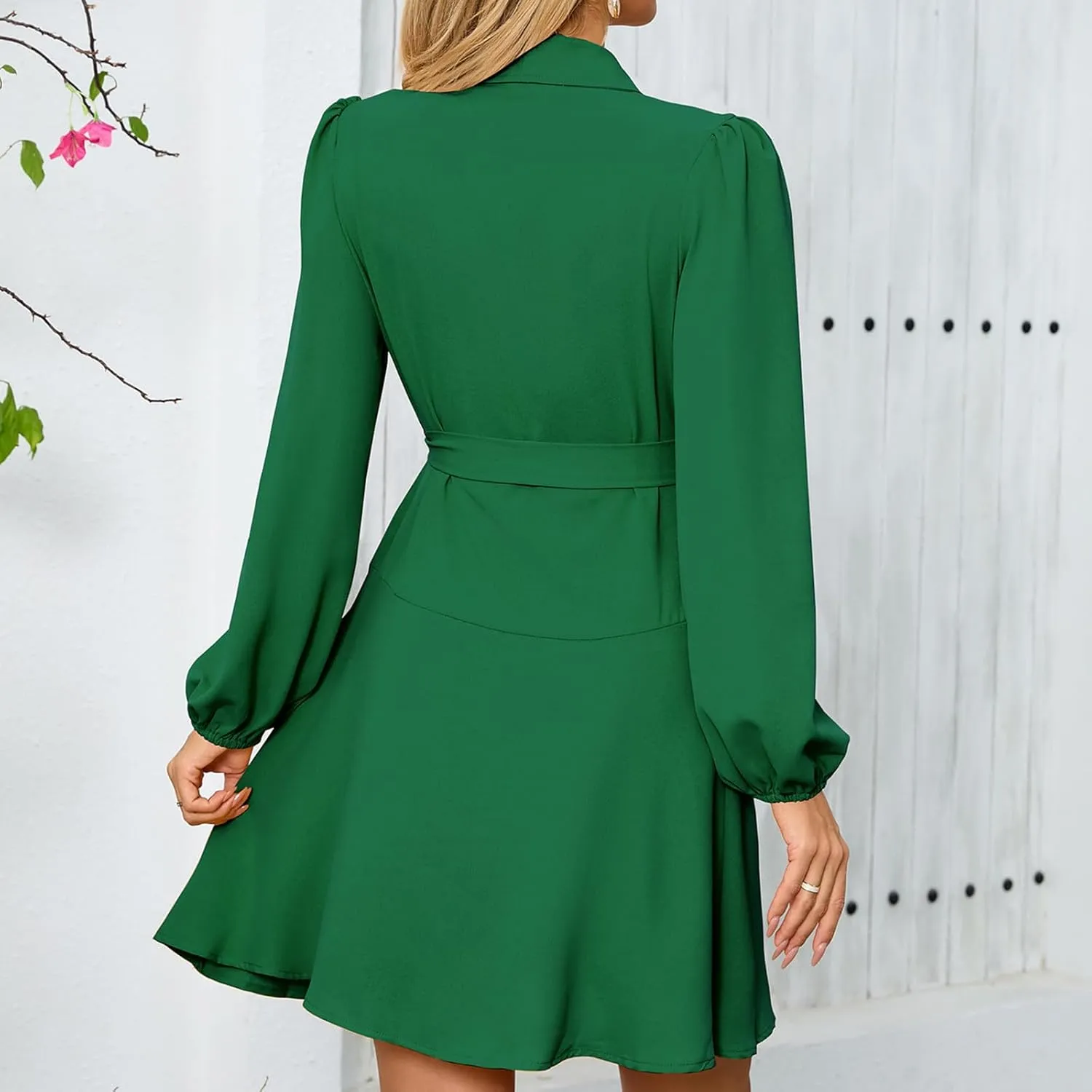 Dresses for Women Solid Color Round Neck Shrunken Pleat Satin Waist Long Lantern Sleeve Elastic Waist Fashion Dress