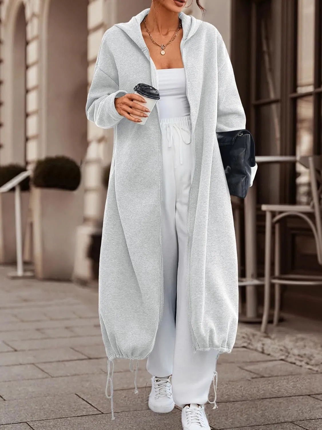 Ebifin Women's Oversized Full Zip Sweatshirts Drop Shoulder Hoodies Drawstring Long Jackets With Pockets