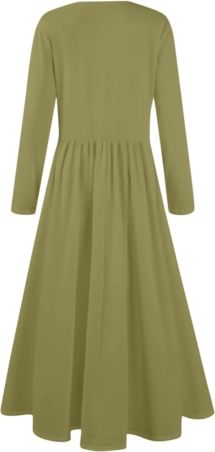Elegant Formal Long Sleeve Midi Dress for Women,Trendy Plus Size Smocked Flowy Dress Casual Round Neck Floral Dress
