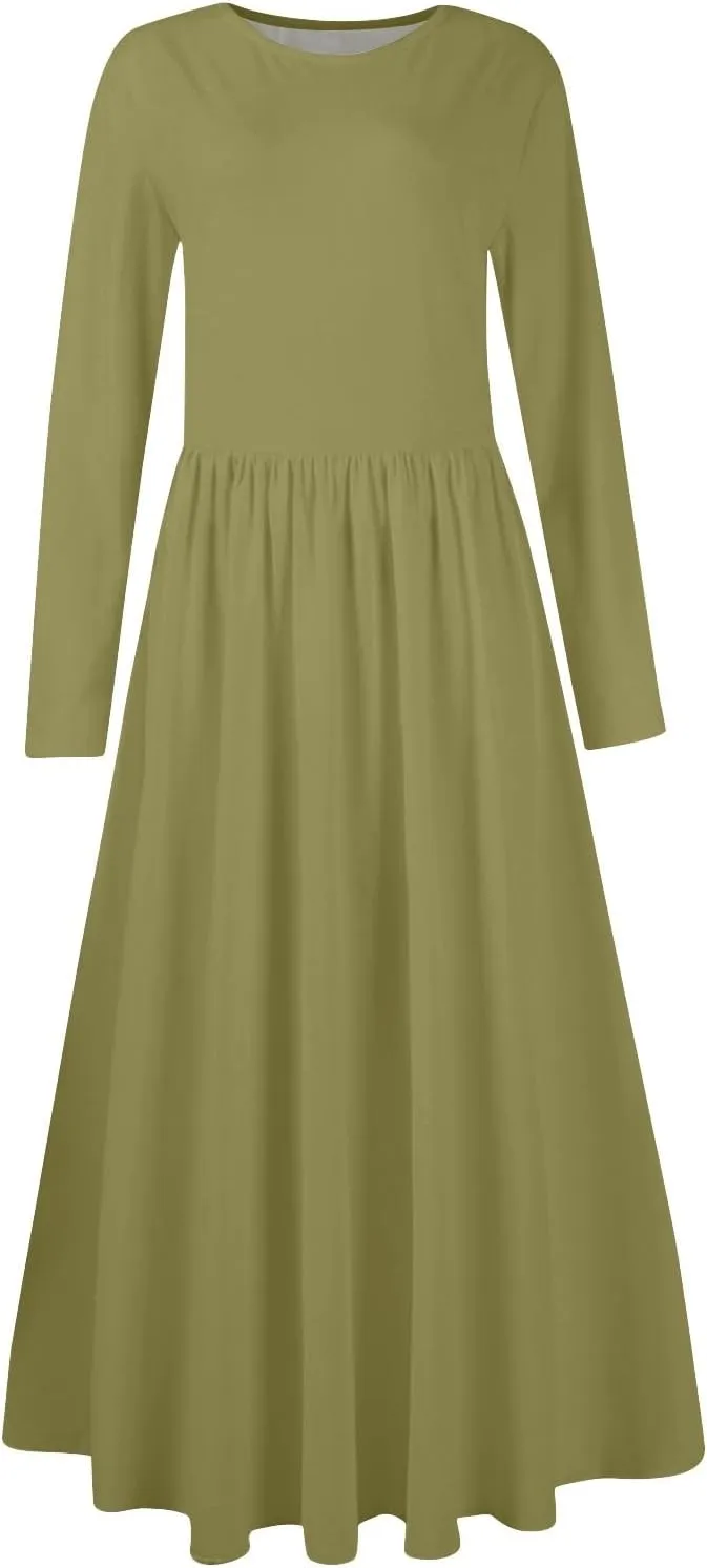 Elegant Formal Long Sleeve Midi Dress for Women,Trendy Plus Size Smocked Flowy Dress Casual Round Neck Floral Dress