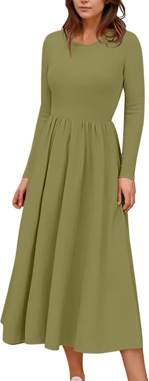 Elegant Formal Long Sleeve Midi Dress for Women,Trendy Plus Size Smocked Flowy Dress Casual Round Neck Floral Dress