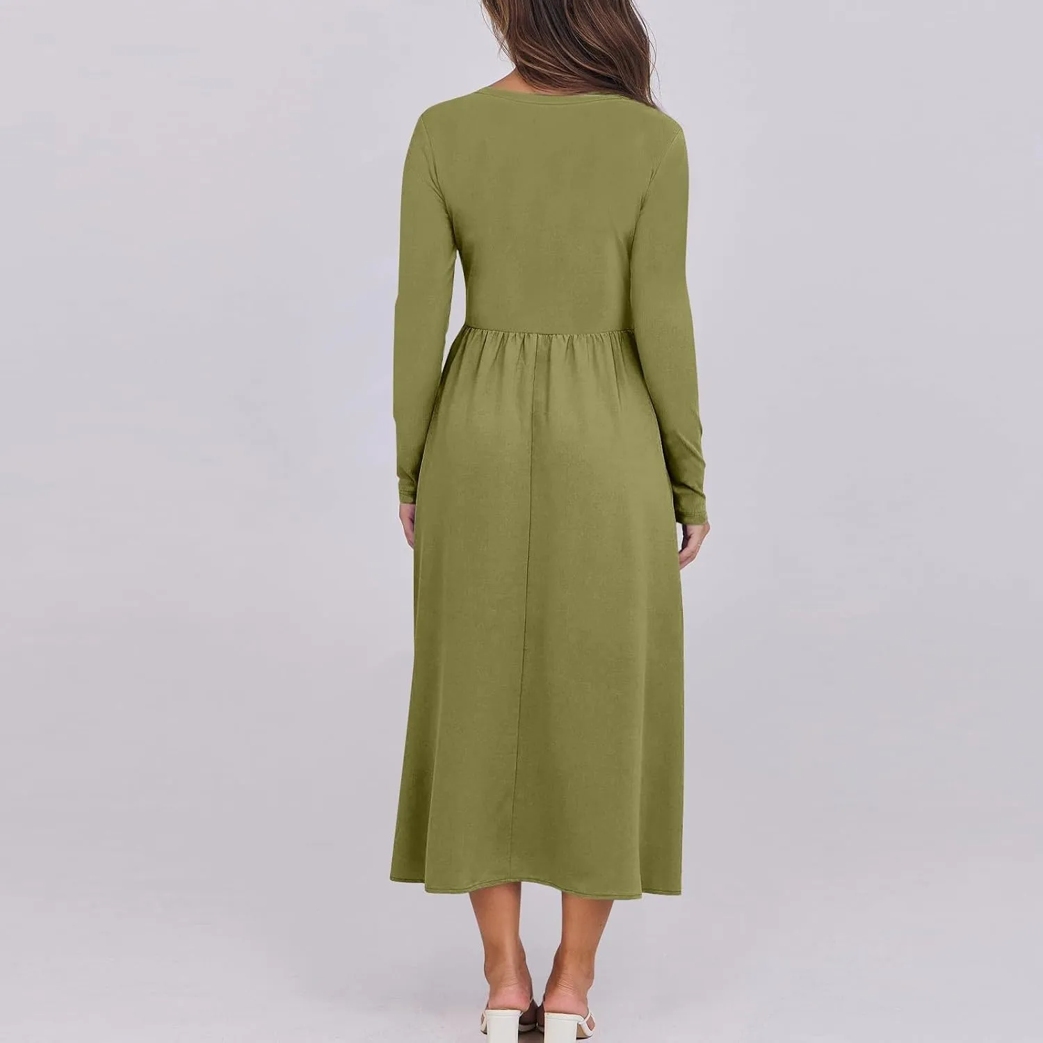 Elegant Formal Long Sleeve Midi Dress for Women,Trendy Plus Size Smocked Flowy Dress Casual Round Neck Floral Dress