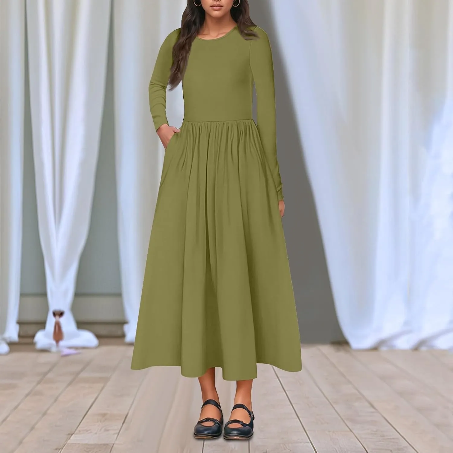 Elegant Formal Long Sleeve Midi Dress for Women,Trendy Plus Size Smocked Flowy Dress Casual Round Neck Floral Dress