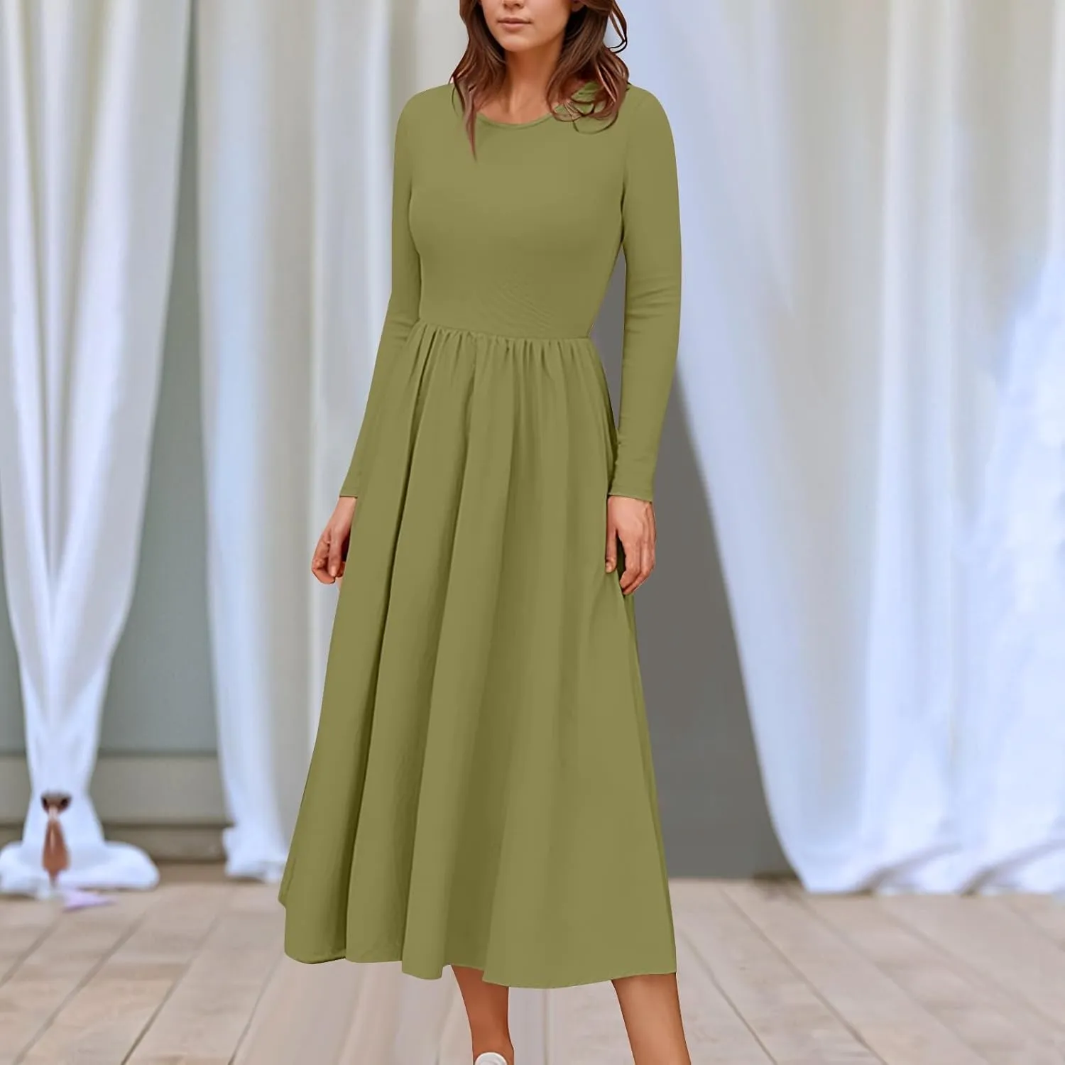 Elegant Formal Long Sleeve Midi Dress for Women,Trendy Plus Size Smocked Flowy Dress Casual Round Neck Floral Dress