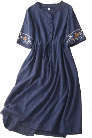 Embroidered Linen Maxi Dress Women Casual Summer Boho Petite Cotton Midi Dresses Short Sleeve A Line Beach Dress