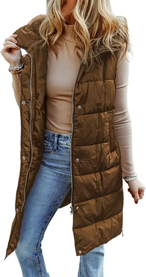 EVALESS Womens Long Puffer Vest Quilted Hooded Sleeveless Zip Up Down Jacket Winter Warm Lightweight Gilet Coat Outerwear