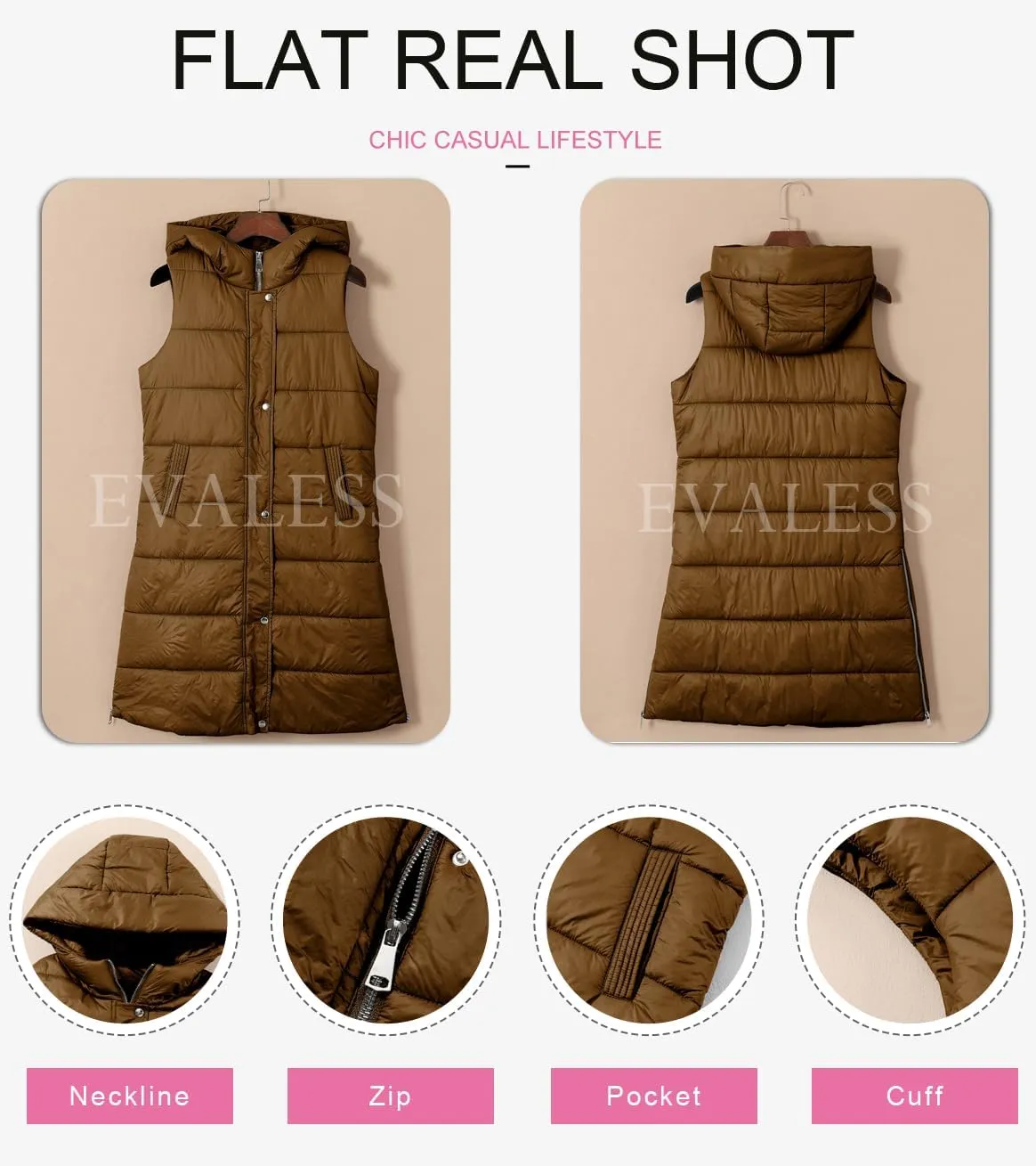 EVALESS Womens Long Puffer Vest Quilted Hooded Sleeveless Zip Up Down Jacket Winter Warm Lightweight Gilet Coat Outerwear