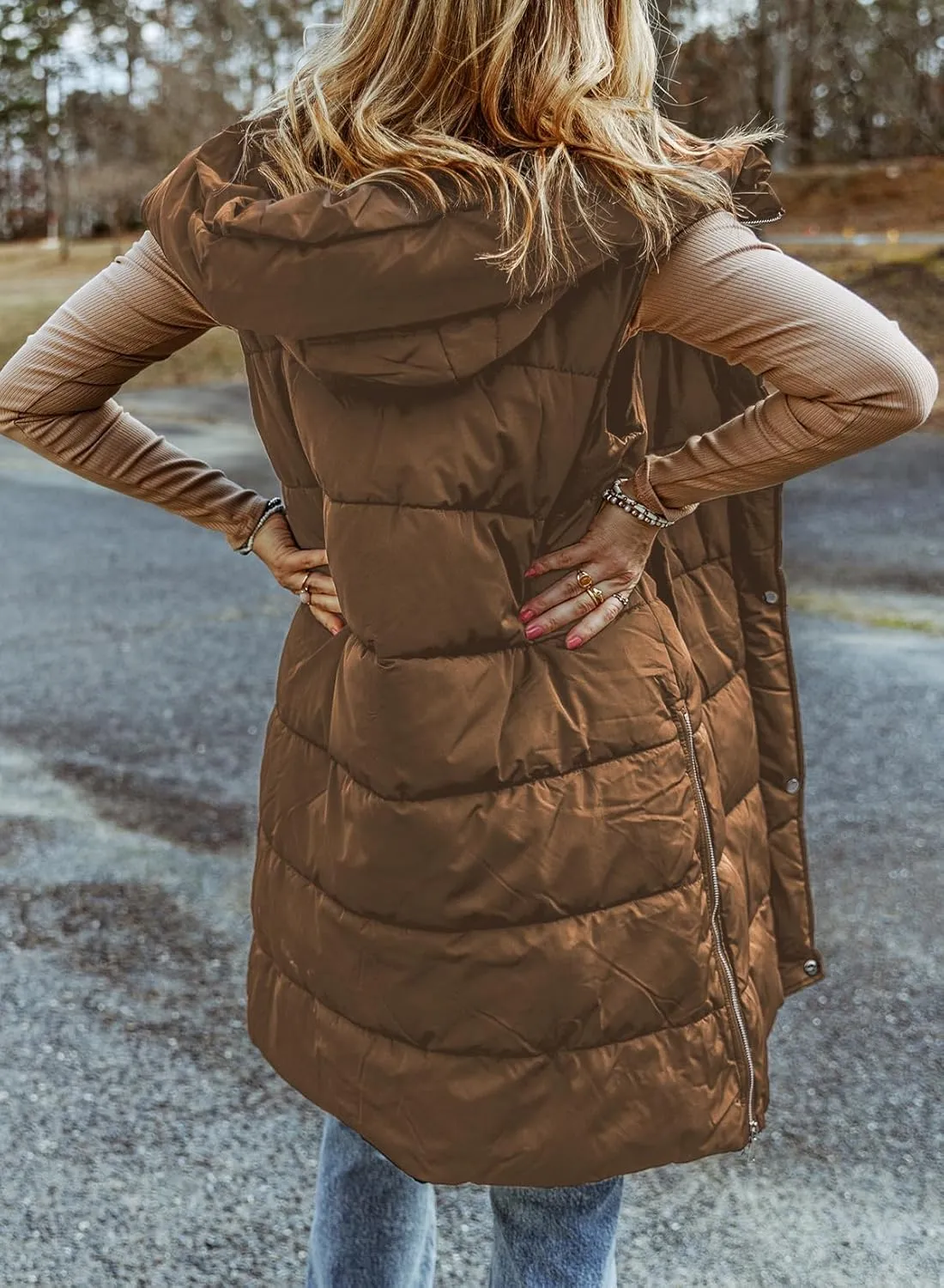 EVALESS Womens Long Puffer Vest Quilted Hooded Sleeveless Zip Up Down Jacket Winter Warm Lightweight Gilet Coat Outerwear