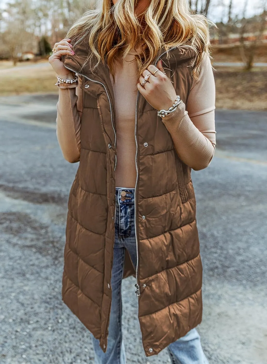 EVALESS Womens Long Puffer Vest Quilted Hooded Sleeveless Zip Up Down Jacket Winter Warm Lightweight Gilet Coat Outerwear