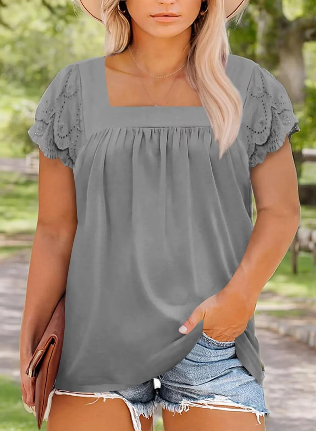 Eytino Womens Plus Size Tops Ruffle Short Sleeve Square Neck Summer Loose Casual Tee Shirts(1X-5X)