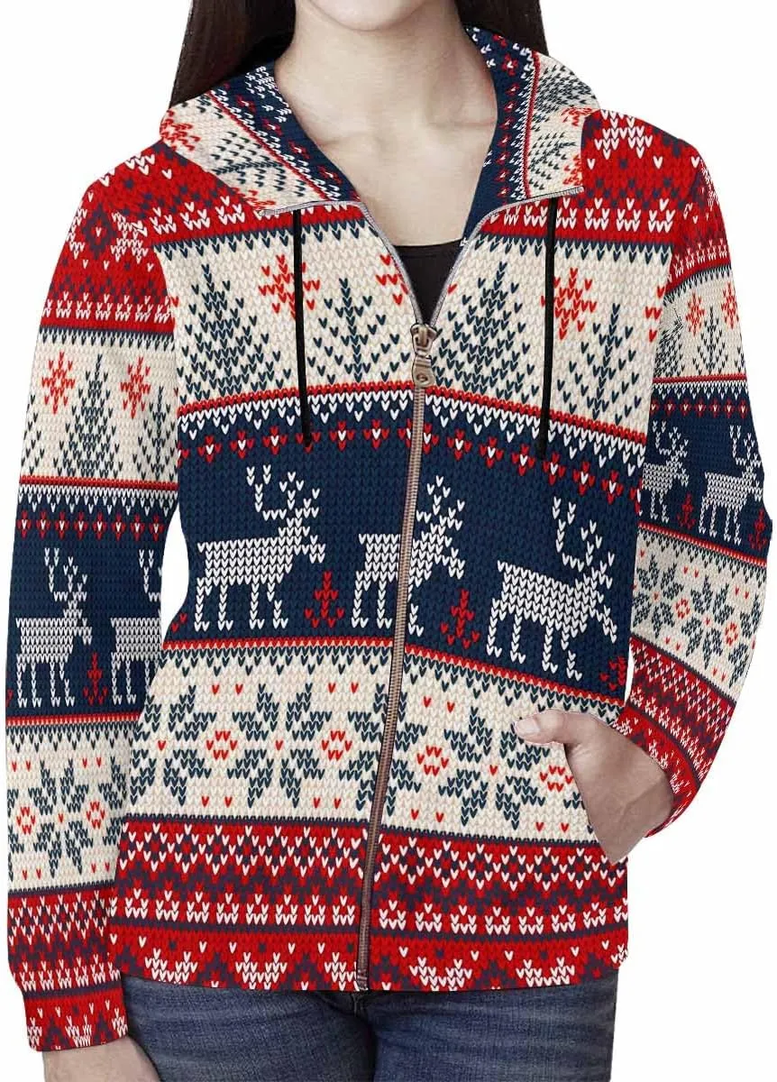 Fall Clothing Merry Christmas Pattern Womens Zip Up Hoodies Fleece Jackets Oversized Sweatshirts