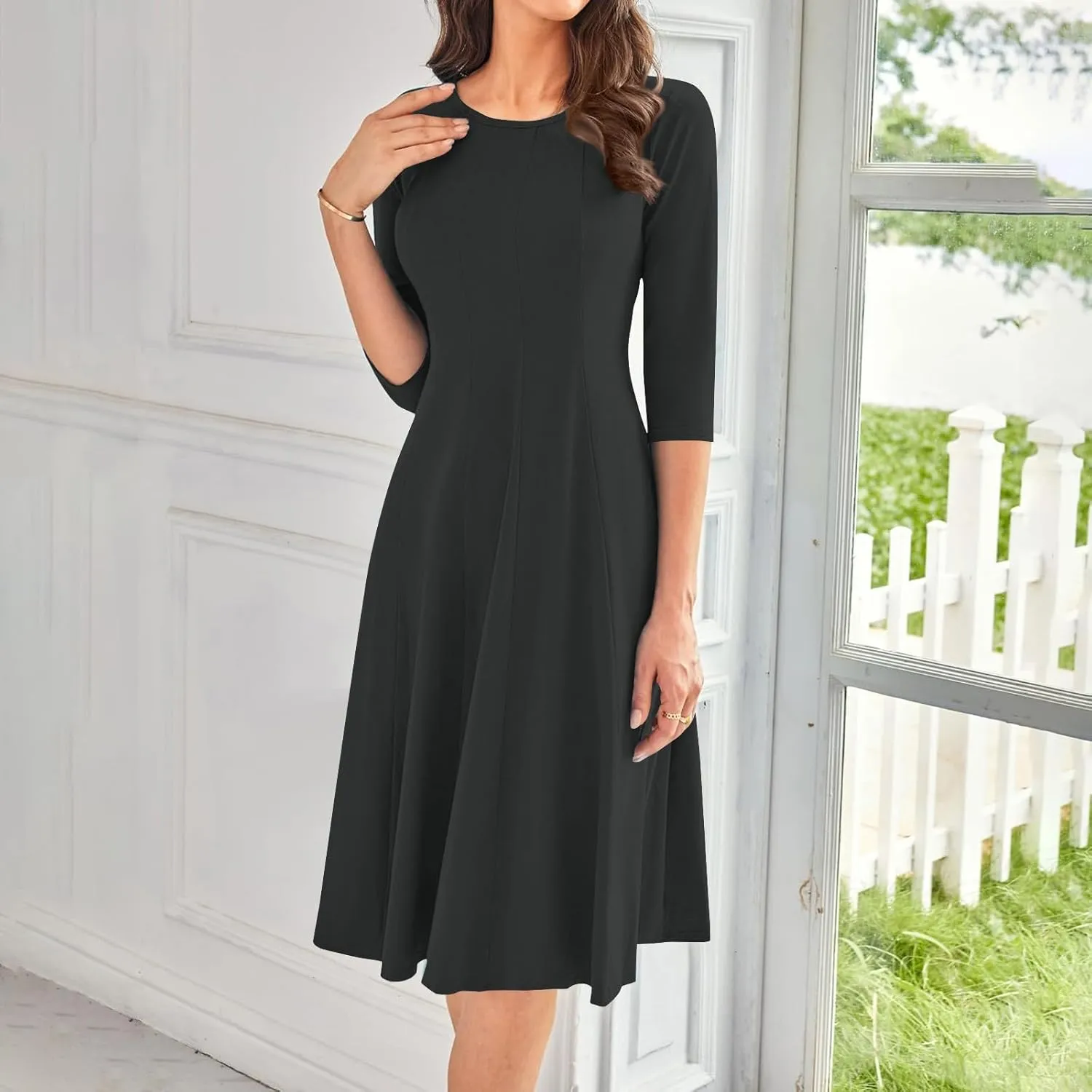 Fall Dresses for Women 2024 Casual A Line 3/4 Sleeve Crew Neck Flowy Pleated Midi Tshirt Dress with Pockets