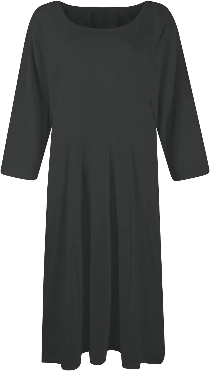 Fall Dresses for Women 2024 Casual A Line 3/4 Sleeve Crew Neck Flowy Pleated Midi Tshirt Dress with Pockets