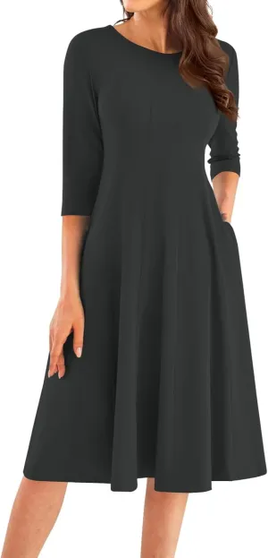 Fall Dresses for Women 2024 Casual A Line 3/4 Sleeve Crew Neck Flowy Pleated Midi Tshirt Dress with Pockets