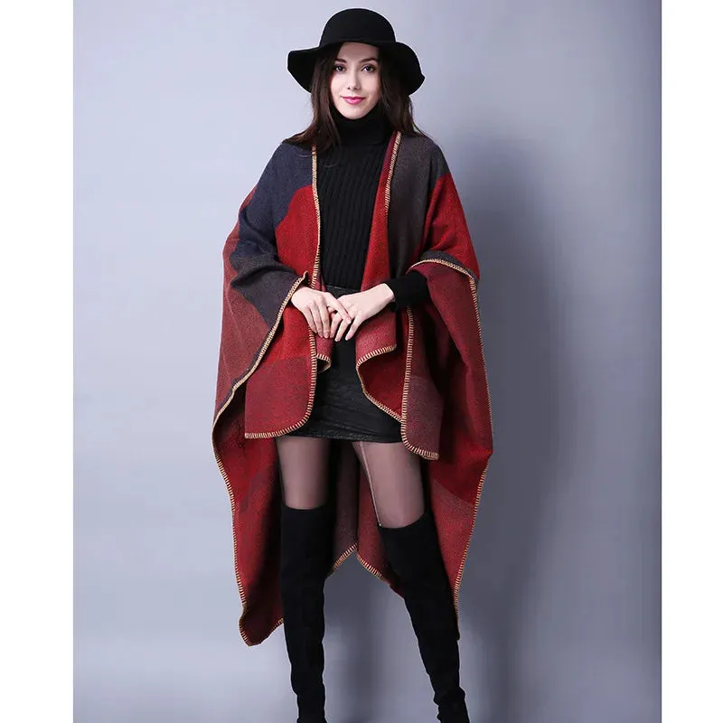 Fall Ponchos Plus Size Block Plaid Open Front Sweater Boho Coat